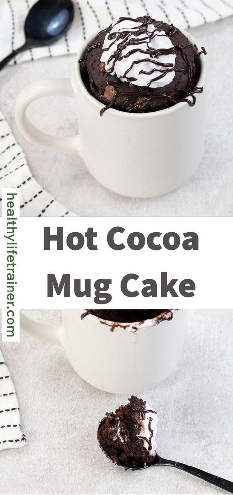 Hot Cocoa Mug Cake is one of the most delicious and luscious desserts you will ever get to have during the holiday season. This mug cake recipe takes your favorite simple hot chocolate beverage one step further by changing it into a delightful and decadent cake, complete with whipped cream and chocolate sauce on top. #hotcocoamugcake #mugcake Hot Cocoa Mug Cake, Cocoa Mug Cake, Hot Chocolate Mug Cake, Hot Chocolate Brownies, Mug Cake Recipe, Microwave Cake, Cocoa Cake, Brownie In A Mug, Mug Cake Microwave