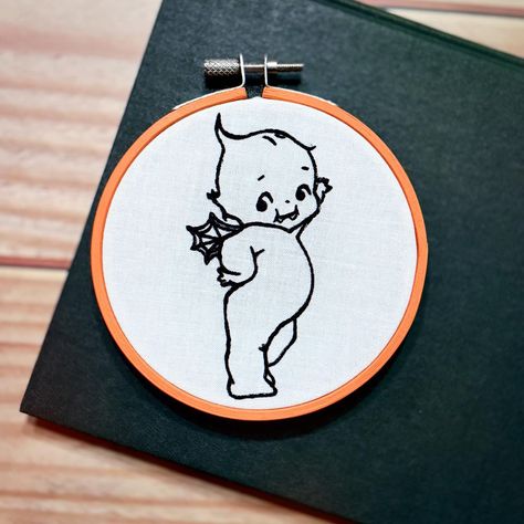 Creepy lil Kewpie friend I made! 😍🧡🖤✨ Painted/sealed wooden hoop + hand-embroidery. Embroidered Art, Wooden Hoop, Family Crafts, Hand Embroidered, Hand Embroidery, Embroidery, On Instagram, Instagram, Art