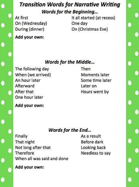 Leach Teach: Friday Freebie: Transition Words for STAAR writing. Face it...transition words are so abstract! Kids don't "get" how to use them- let alone which ones to use! I broke this resource into Narrative and Expository transitions and left a space for students to add their own. At the end of the file, I shared a great mini-lesson idea to help you teach these crazy abstract things! How To Write A Personal Narrative, Narrative Transition Words, Transitional Devices, Transition Words For Essays, Friday Freebie, Fourth Grade Writing, Third Grade Writing, 3rd Grade Writing, 2nd Grade Writing