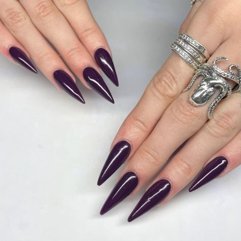 Purple reigns this season! 💜✨ We loved creating these beauties with @envoguenailsofficial - lac it - Persian plum 💜 Are you switching up your palette to darker autumn shades? 🍂 ➡️ Don’t forget to book your appointment! #AutumnVibes #NailTechLife #NailsofInstagram #NailArtists #FallNails #PurpleNails #AutumnNails #NailTrends #NailFashion #InstaNails #NailPro #NailAddict #NailDesigns #NailStyle #NailInspiration #NailArtAddict #NailArtLove #NailArtistry #NailPolishAddict #NailItDaily Dark Purple Stiletto Nails, Deep Purple Nails, Purple Stiletto Nails, Dark Purple Nails, Silver Nail Designs, Witchy Nails, Sharp Nails, Nails Purple, Purple Nail Designs