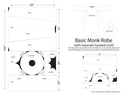 All Things Crafty: Monk Robe Pattern with Hooded Cowl Medieval Monk Robe, Dominican Clothing, Monk Costume, No Sew Cape, Priest Costume, Medieval Tunic, Cloth Patterns, Hood Pattern, Fiber Crafts