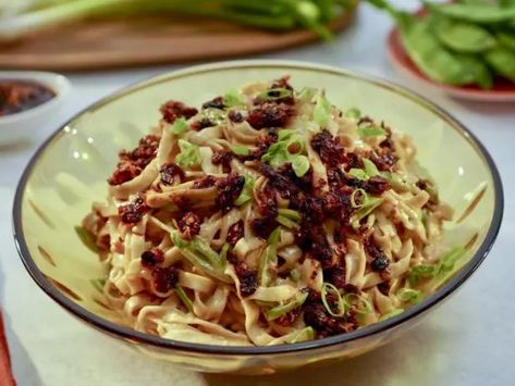 Long Noodle Pasta Salad with Chili Crisp Long Noodle Recipes, Pioneer Woman Asian Noodle Salad, Recipes Using Chili Crisp, Noodle Pasta Salad, Chili Crisp Recipe, Knife Cut Noodles, Asian Pasta Salad, Girl Meets Farm Recipes, Salad With Chili