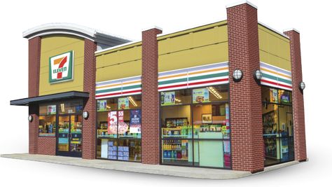 7-11 7/11 Convenience Store, City Grocery Store Exterior, Modern Grocery Store Design Exterior, Super Market Exterior Design, Bloxburg Mall Stores, Convenience Store Exterior Design, Grocery Store Exterior Design, Minecraft Supermarket Ideas, Korean Convenience Store Exterior