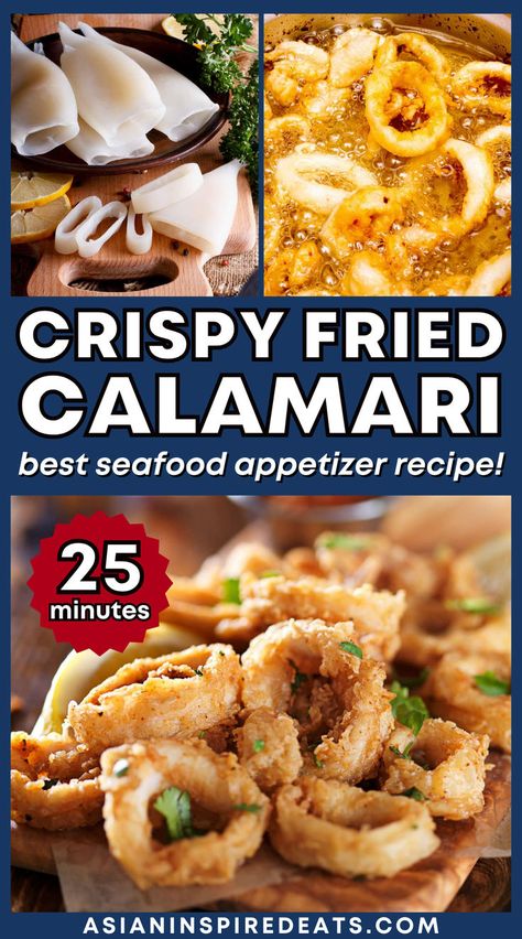 You won't believe how easy it is to make homemade calamari! Crispy Fried Calamari is dredged in a flavorful coating and quickly deep-fried until golden brown and tender. It's the perfect seafood appetizer for any occasion! Serve these with a spicy aioli dipping sauce for a nice kick. Learn how to make this crunchy fried squid in just 25 minutes! Fried Calamari Recipe, Seafood Appetizers Easy, Calamari Recipe, Fried Squid, Asian Fusion Recipes, Calamari Recipes, Spicy Aioli, Spicy Dipping Sauce, Healthy Asian Recipes