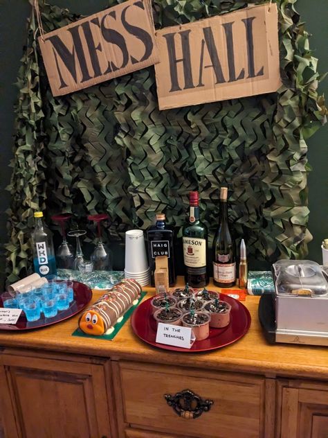 Army party WW2 theme 1940's Mess Hall Party ideas 1940s Uso Party, Ww2 Themed Party, Hall Party Ideas, Uso Party, 1940s Party, Leaving Party, Bon Voyage Party, Army Birthday, Mess Hall