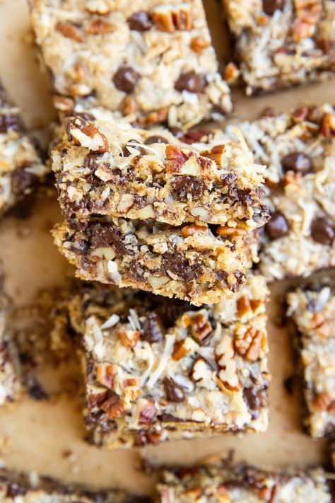 Gluten-Free Cowboy Cookie Bars - The Roasted Root Gluten Free Pecan Bars Recipe, Cowboy Cookie Bars, Chocolate Chip Coconut Bars, Coconut Oat Bars, Gooey Cookie Bars, Desk Renovation, Oats And Chocolate Chips, Gluten Free Cookie Bars, Oats And Chocolate