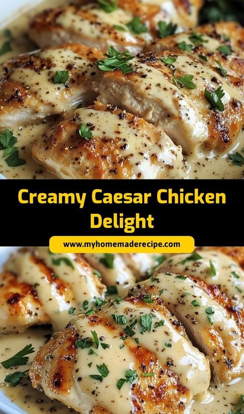 This Creamy Caesar Chicken Delight is a quick and easy dish that combines tender chicken with rich Caesar dressing and cheese. Perfect for busy weeknights! Chicken Caesar Tacos, Chicken Caesar Casserole, Melt In Your Mouth Caesar Chicken, Caesar Chicken Baked, Creamy Caesar Chicken, Cesar Chicken, Chicken Delight Recipe, Baked Caesar Chicken, Cheesy Chicken Recipe