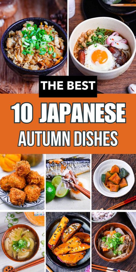 Japanese autumn dishes collage: comforting soups, grilled fish, colorful vegetables, and hearty rice bowls