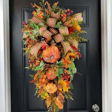 20 Inch Fall Harvest Teardrop Thanksgiving Wreath with Maple Leaves & Pumpkin Artificial Floral Swag for Home Wall Door Party Halloween Decor Features: --Fall wreaths for front door is trimmed with an assortment of pumpkins, maples leaf and berry. Display this autumn accented wreath on doors, walls and windows in indoor or covered outdoor locations. --Artificial thanksgiving wreath with 19.7 inch outer diameter. This fall door wreaths has a full mix of beautifully arranged and mixed fall element Fall Decor Wreaths, Door Hanging Decorations, Teardrop Swag, Fall Swags, Swag Wreath, Fall Door Decorations, Door Wreaths Fall, Christmas Front Doors, Thanksgiving Wreaths