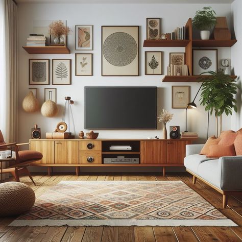 Idea For Living Room Furniture, Style An Entertainment Center, Modern Mid Century Living Room Ideas, Cute Entertainment Center Ideas, Living Room Inspiration Mid Century Modern, Mid Century Modern Neutral Living Room, Mid Century Modern Home Decor Ideas, Living Room Mid Century Modern Cozy, Industrial Mcm Living Room