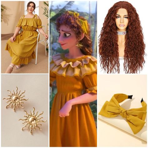 Collage with items for Pepa Madrigal from Encanto Cosplay or Disneybound. Yellow ruffle dress. Yellow bow headband. Gold Sun earrings. Red curly Wig. Diy Isabella Costume Encanto, Encanto Costumes Diy, Diy Isabella Dress Encanto, Encanto Costume Ideas, Diy Encanto Costume, Isabella Encanto Costume, Encanto Family Costume, Encanto Costume Diy, Disneybound Outfits Rapunzel