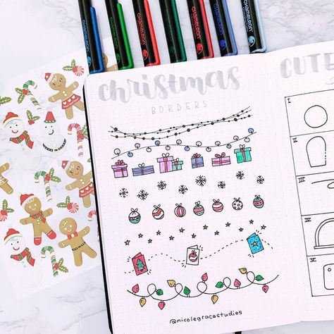 Bullet Journal Ideas December, Journal Ideas December, Borders Bullet Journal, Christmas Bullet Journal Ideas, Bullet Journal Dividers, Christmas Bullet Journal, Bullet Journal Christmas, Xmas Drawing, December Bullet Journal