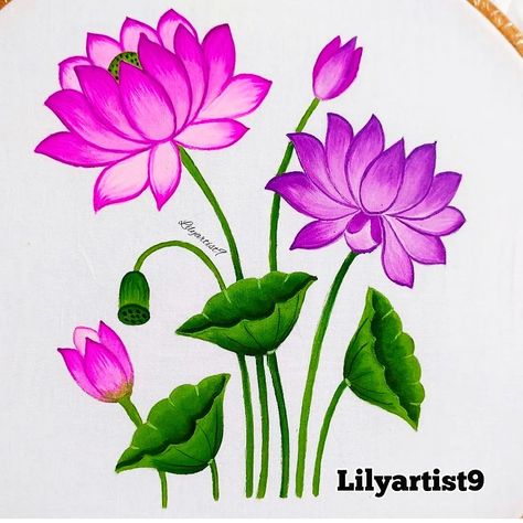 Learn to Paint beautiful Lotus on cloth by watching by step by step video. YouTube channel - Lily artist fabric works #lotus #lotuspainting #lotusflower #fabricart #art #paint #acrylicpainting #lilyartist9 Flower Drawing And Painting, Lotus Flower Fabric Painting, Cute Fabric Painting, Lotus Mural Painting, Lotus Flower Painting Easy, Lotus Art Design, Lotus Fabric Painting, Fabric Painting Flowers Design, Lotus Painting On Fabric