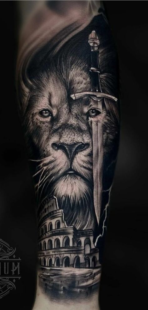 Zeus And Lion Tattoo, Lion Tattoo Design Male Forearm, Lion Roman Tattoo, Calf Lion Tattoo Men, Tattoos For Guys Leg Calf, Lion Warrior Tattoo For Men, Lion And Gladiator Tattoo Design, Roman Lion Tattoo, Lions Tattoo Men