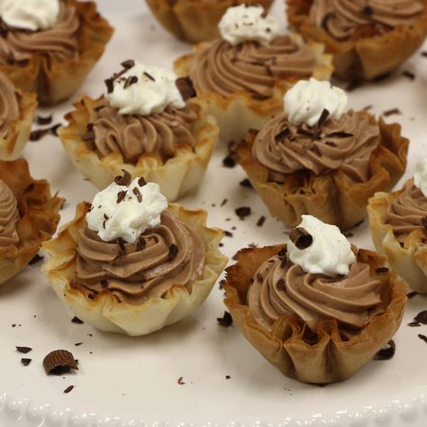 Phylo Pastry Cups Recipes Desserts, Phillo Puff Pastry Cup Recipes, Phyllo Shells Desserts, Pastry Cup Recipes, Phyllo Cup Desserts, Philo Cups, Phyllo Dessert, Chocolate Cheesecake Cups, Shell Recipes