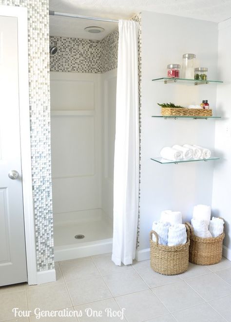 you will not believe the before and afters on this bathroom makeover from @Four Generations One Roof ! Small Shower Stalls, Small Shower, Fiberglass Shower, Small Showers, Shower Surround, Downstairs Bathroom, Bathroom Update, Shower Remodel, Diy Interior