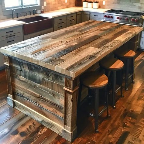 Rustic Wood Kitchen Island, Rustic Kitchen Island With Seating, Rustic Kitchen Island Ideas, Island Remodel, Log Cabin Kitchen, Alaska House, Reclaimed Wood Kitchen Island, Inviting Kitchen, Reclaimed Wood Kitchen