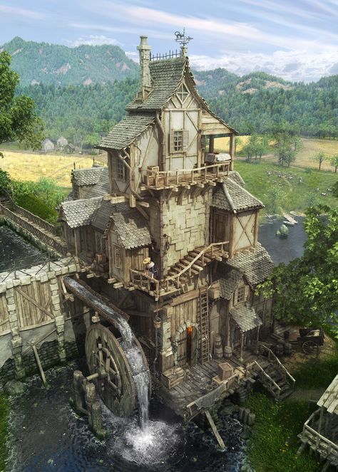 ArtStation - Water Mill, SilverTM . Landscape And Urbanism Architecture, Medieval Houses, Fantasy Magic, Water Mill, Landscape And Urbanism, Fantasy House, Fantasy City, Water Wheel, Fantasy Places