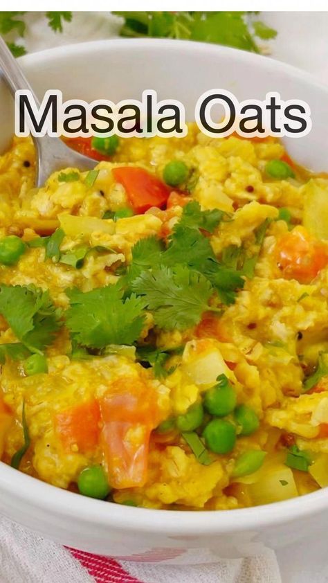 This simple savory oatmeal with peas and tomatoes Masala Oats recipe is an easy meal that can made in just 20 minutes! With Indian spices, and fresh vegetables, it’s full of fiber and nutrients. Enjoy with a side of roasted vegetables, lentils, or a light salad! #HealthyFoodRecipesToLoseWeight Peas And Tomatoes, Oats Recipes Indian, Masala Oats, Indian Diet Recipes, Savory Oatmeal, Oat Recipes Healthy, Healthy Indian Recipes, Breakfast Recipes Indian, Healthy Breakfast Recipes Easy