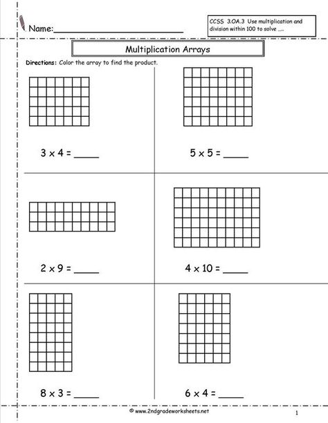 Multiplication Arrays Worksheets.    Use these Multiplication Arrays Worksheets, Extension of CCSS 2.OA.4, CCSS 3.OA.3, to help reinforce learning of arrays.    Many worksheets that include topics such as write the multiplication problem, illustrate an array to go with the multiplication problem,  circle the multiplication problem illustrated by the dot array and more! Division Arrays, Arrays Worksheet, Array Math, Area Model Multiplication, Array Worksheets, Multiplication Arrays, Area Worksheets, Free Printable Math Worksheets, Multiplication Worksheets