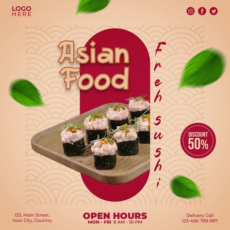 Chinese Food Social Media Design, Asian Food Graphic Design, Japanese Social Media Design, Sushi Social Media Design, Food Banner Design Ideas, Japanese Food Design, Food Post Design, Food Social Media Design, Food Restaurant Design