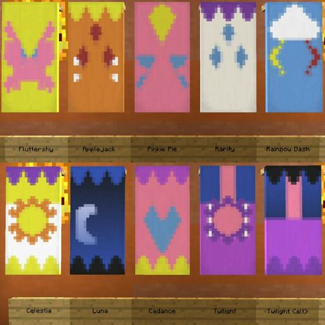 Minecraft banners My Little Pony Minecraft Banner Designs Loom, Cute Animal Banners Minecraft, Hello Kitty Minecraft Banner, Minecraft Banner Animals, Mlp Minecraft Buildings, Minecraft Horse Banner Designs, Minecraft Pride Banners, Minecraft Dragon Banner Designs, Banner Patterns Minecraft