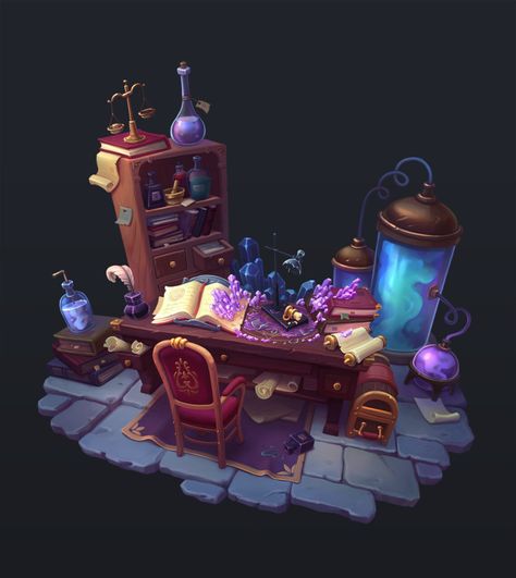 ArtStation - Spells and Potions , Loóna Potion Permit Fanart, Magic Laboratory, Wizard Desk, Potion Station, Potion Table, Arcane Mage, Spells And Potions, Environment Projects, Witch Room