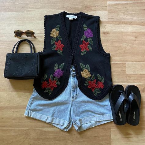 Adorable vintage black knit vest with floral pattern... - Depop Black Sweater Vest Outfit Summer, 90s Vest Outfits For Women, Knitted Vest Outfits For Women, Knit Vest Outfits For Women, Ootd Moodboard, Kid Core Outfits, Black Knitted Vest, Knit Vest Outfit, Grandma Aesthetic