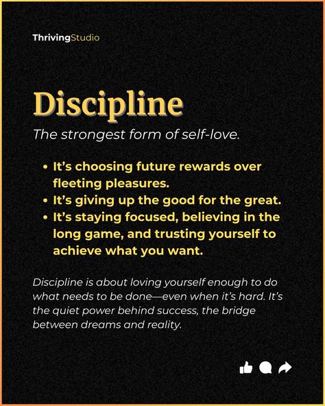 Discipline isn't punishment—it's self-love in action. 💪 Choose future rewards over fleeting pleasures, and watch your dreams become reality. 🌟 Struggling with discipline or feeling overwhelmed by your emotions? This book could guide you to regain control and focus on your growth. Check it out here: https://goodmindsquote.shop/b/NXT3K/af673b8dc982232 #ThrivingStudio #Discipline #SelfLove Self Discipline Is Self Love, Self Discipline Quotes, Dreams Become Reality, Love Is An Action, Self Discipline, Focus On Yourself, Quotes About Strength, Stay Focused, 365 Days