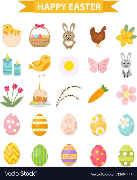 Easter Icons, Flat Style, Paper Piecing, Fashion Flats, Icon Set, Happy Easter, Adobe Illustrator, White Background, Vector Images