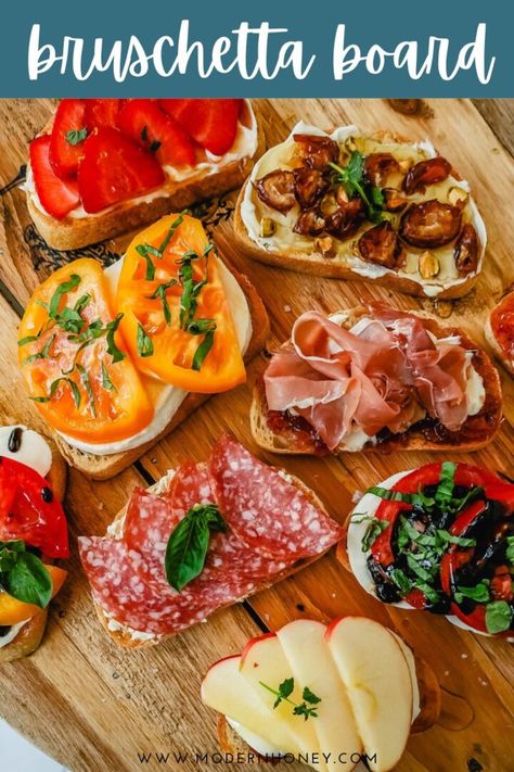 Bruschetta With Capers, Cold Bruschetta Appetizers, Different Types Of Bruschetta, Types Of Bruschetta, Bruschetta Appetizer Party Ideas, Bruchetta Ideas, Easy Bruschetta Appetizers, Bruchetta Board Recipe, Pancetta Appetizers