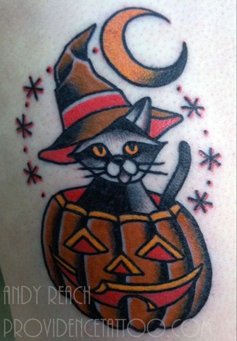 pumpkin cat tattoo by andy reach at providence tattoo #providencetattoo #andyreach #grimreacher #pumpkincat #moon #halloween #tattoo #catinhat #spooky #traditional #colortattoo Pumpkin And Cat Tattoo, Traditional Pumpkin Tattoo, Traditional Halloween Tattoo, Witchy Sleeve, Pumpkin Tattoos, Providence Tattoo, Halloween Tattoo Flash, Pumpkin Tattoo, Sagittarius Tattoo