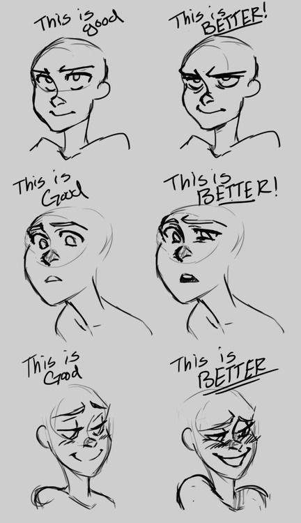 Facial expression good vs better this is exaggeration to convey the point emotion etc Different Facial Expressions, Drawing Face Expressions, Drawing Hands, 얼굴 드로잉, Drawing Eyes, Drawing Hair, 얼��굴 그리기, Drawing Faces, 캐릭터 드로잉