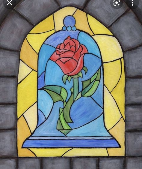 Beauty And The Beast Art, Disney Stained Glass, Stained Glass Rose, Disney Canvas, Enchanted Rose, Small Canvas Art, Pinturas Disney, Window Painting, Art Drawings For Kids