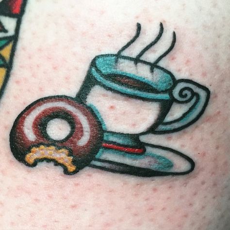 Mike Suarez, Donut and joe. Last one tonight. Thanks for looking. Hand Of Glory tattoo. Coffee And Donut Tattoo, Hand Of Glory Tattoo, Papa Tattoo, Hand Of Glory, Donut Tattoo, Glory Tattoo, Filler Tattoo, Food Tattoos, Tattoo Filler