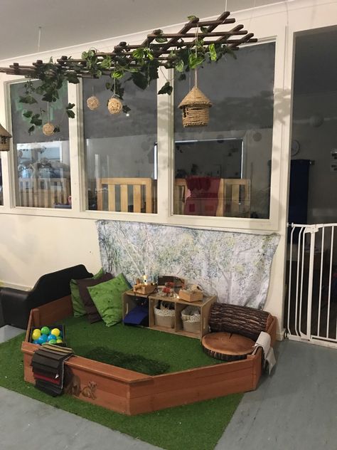 Goodstart Montrose nursery Natural Infant Classroom, Natural Nursery Room Ideas Childcare, Hanging Lattice From Ceiling, Reggio Emilia Nursery, Toddler Nursery Room Ideas Eyfs, Reggio Inspired Classrooms Infants, Childcare Room Ideas Toddlers, Babies Room Childcare Ideas, Cottagecore Classroom