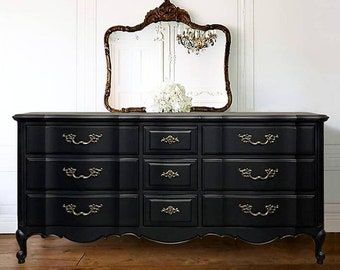 Black French Provincial Bedroom, Black French Provincial, Vintage French Provincial Dresser, Bedroom Glam, French Provincial Bedroom, Media Credenza, Triple Dresser, French Dresser, Black Dresser