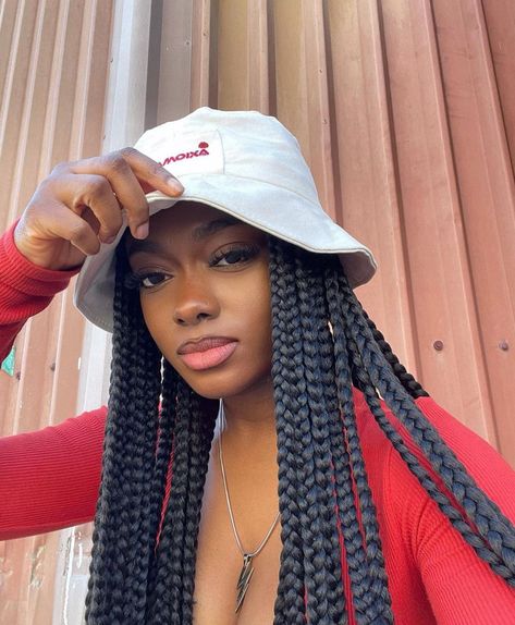 Braids With Bucket Hat, Braids With Hats Black Women, Bucket Hat With Braids, Braids With Hat, Pretty Braid Styles, Afro Hairstyles Braids, Hat With Braids, Big Box Braids Hairstyles, Braids Ideas