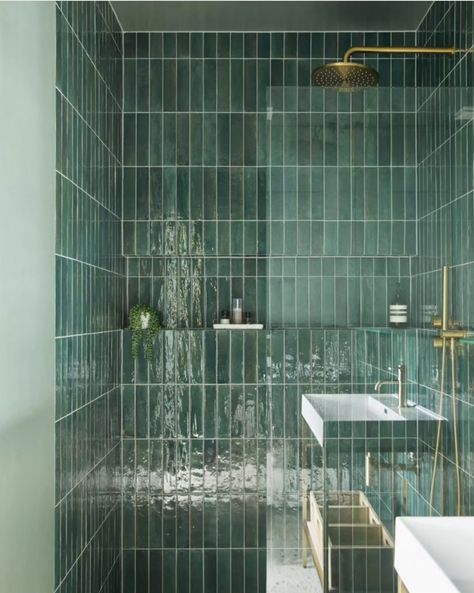 19 Shades of Green: On-trend Green Bathroom Ideas To Fall In Love With 17 1930s Bathroom Remodel, Green Shower Tile, 1930s Bathroom, Master Vanity, Dark Green Bathrooms, Green Tile Bathroom, Mandarin Stone, Green Tiles, Bathroom Design Trends