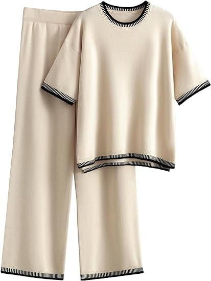 Amazon.com: Creerer Lounge Sets Women 2 Piece Outfits Short Sleeve Knit Pullover Tops Wide Leg Pants Sweater Sets(Beige-M) : Clothing, Shoes & Jewelry Lounge Wear Sets, Knit Sweater Outfit, Trousers Women Wide Leg, Warm Pajamas, Pullover Outfit, Top And Pants Set, Activewear Sets, Womens Pyjama Sets, Loungewear Sets