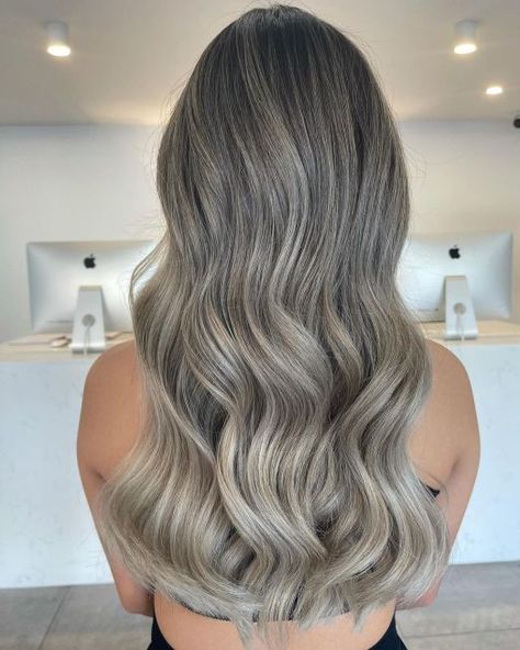 Ash and Silver Balayage Colors Balayage Colors, Silver Balayage, Ash Blonde Hair Balayage, Straight Hair Highlights, White Blonde Highlights, Baylage Hair, Hair Color Mahogany, Gray Balayage, Icy Blonde Hair