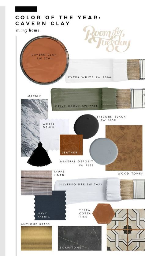 The Sherwin-Williams 2019 Color of the Year can be brazen or versatile, depending on how you use it. Sarah from @roomfortuesday created this #palette of earthy hues featuring Cavern Clay SW 7701 and the ever-popular Tricorn Black SW 6258. Click through to see how she perfected the Color of the Year in her #home. 포트폴리오 레이아웃, Sherwin Williams Colors, Joanna Gaines, Paint Colors For Home, Color Of The Year, Sherwin Williams, Interior Paint, Design Tips, House Painting