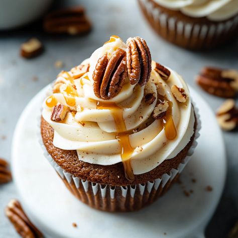 Butter Pecan Cupcakes With Caramel, Butter Pecan Cupcakes, Melted Caramel Sauce, Pecan Pie Cupcakes, Pecan Cupcakes, Cupcakes With Caramel, Melted Caramel, Pecan Muffins, Moist Cupcakes