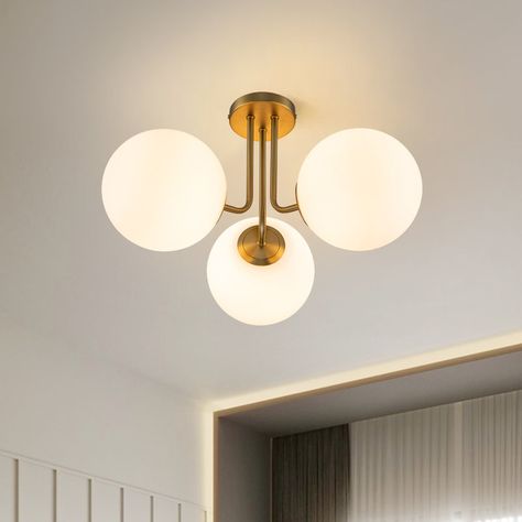 Mercer41 3-Light 22 Modern Sputnik Globe Semi Flush Mount & Reviews | Wayfair 3 Light Semi Flush Mount, Globe Flush Mount Light, Playroom Library, Girly Office, Glass Globe Chandelier, Hallway Makeover, Modern Style Decor, Globe Ceiling Light, Hallway Foyer