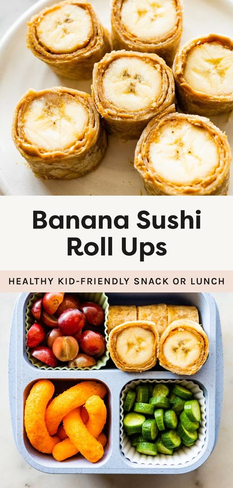 These 3 ingredient banana sushi roll ups are such a quick and easy, healthy kid-friendly recipe that are perfect for school lunches or after school snacks. Your kids will love adding their favorite toppings! Kid Sushi, Banana Sushi Rolls, Veggie Roll Ups, Sushi For Kids, Banana Sushi, Sushi Ingredients, Healthy Kid Friendly Meals, Banana Roll, Sushi Lunch