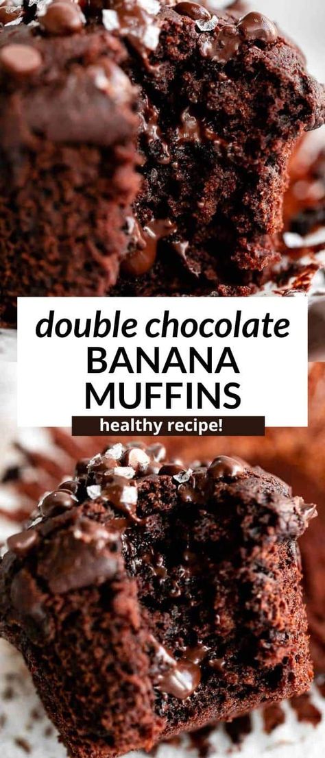 These gluten free double chocolate chip banana muffins are moist, tender and so easy to make. These healthy muffins are refined sugar free, dairy free and perfect for a healthy gluten free snack. Plus, they can be made vegan! Healthy Dark Chocolate Chip Muffins, Double Chocolate Chip Banana Muffins, Chocolate Muffins Dairy Free, Lactose Free Muffins, Banana Bread Muffins Gluten Free, Non Dairy Muffins, Healthy Gluten Free Breakfast Muffins, Dark Chocolate Banana Muffins, Healthy Muffins With Bananas