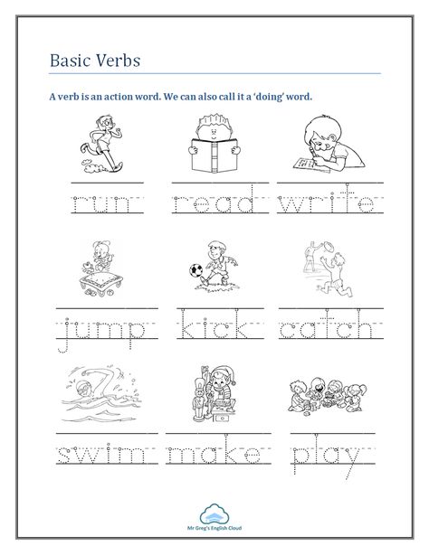 Kindergarten Grammar Worksheets Archives - Mr Greg's English Cloud Verbs Worksheet For Kindergarten, Verb Worksheets For Kindergarten, K3 Activities, Verbs Kindergarten, Kindergarten Grammar Worksheets, Action Verbs Worksheet, Kindergarten Grammar, Story Timeline, English Conversation For Kids