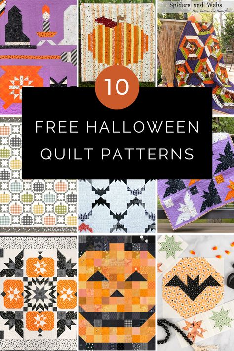 Get inspired to make a spooky or sweet Halloween quilt pattern with this list of 10 free Halloween quilt patterns. Whether you want it to scream Halloween or be a bit more subtle, you'll find a quilt pattern you'll love in this list! Halloween Quilt Patterns, Charm Pack Quilt Patterns, Layer Cake Quilt Patterns, Fall Quilt Patterns, Halloween Quilt, Halloween Sewing, Christmas Quilt Patterns, Quilt Sewing Patterns, Mystery Quilt