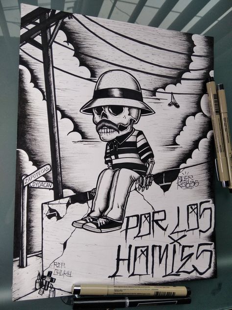 Artwork illustration Ride Drawing, Easy Graffiti Drawings, Chicano Lettering, Mexican Culture Art, Cholo Art, Lowrider Art, Chicano Art Tattoos, Chicano Drawings, Graffiti Style Art