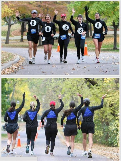 Magic 8 Ball--super easy to do and cute matching running costumes 5k Costume Ideas, 5k Halloween Costumes, Soccer Team Costume Ideas, Team Halloween Costumes Soccer, Halloween Running Costumes Ideas, Halloween Costumes For 5k Run, Group Running Costumes, Softball Team Costume Ideas, Soccer Team Halloween Costumes